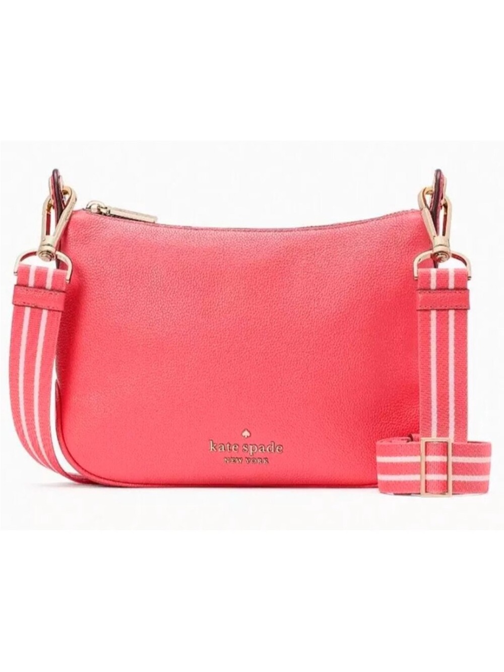 kate spade Coral Pink Pebbled Leather Crossbody with Striped Strap